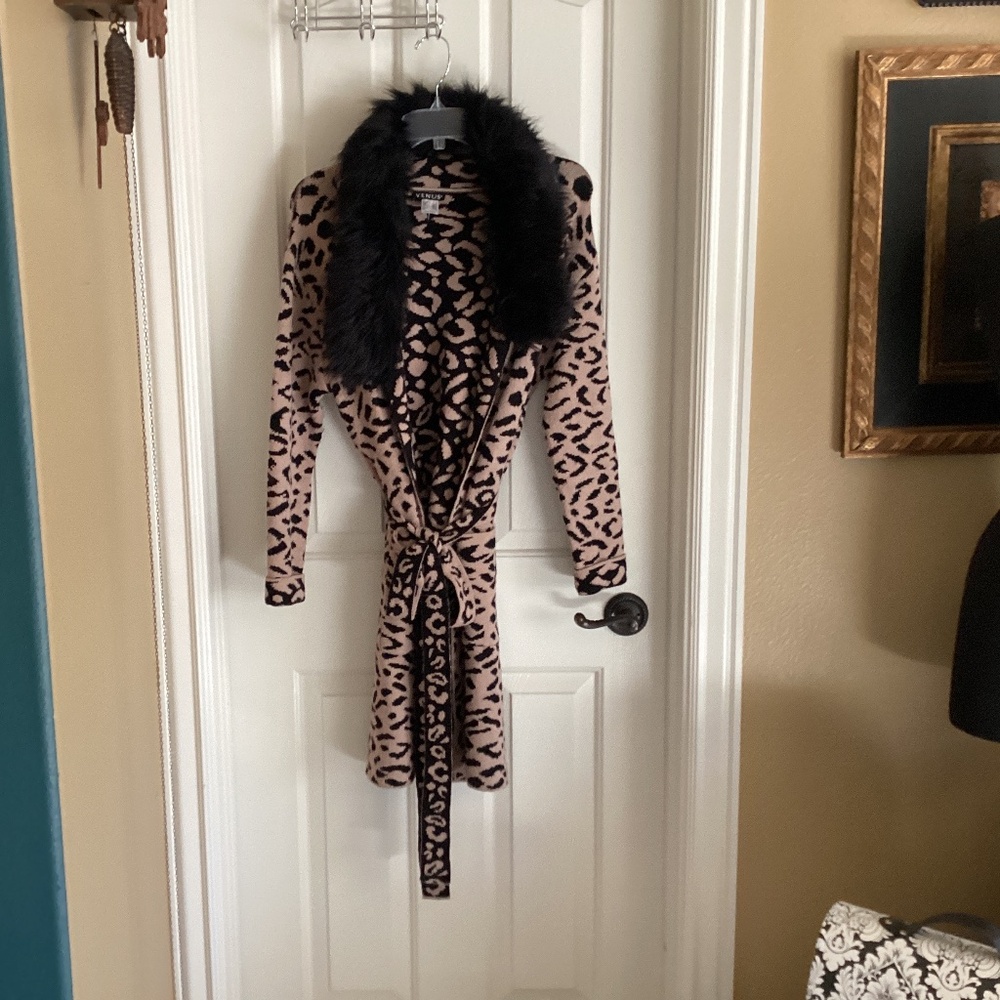 Animal Print Cardigan with Faux Fur Collar